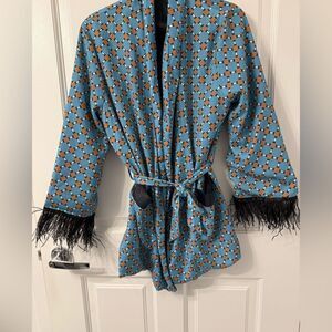 YMHY Blue/Tan Patterned Women's Lounge Wear with Black Ostrich Trimmed Cuffs.
